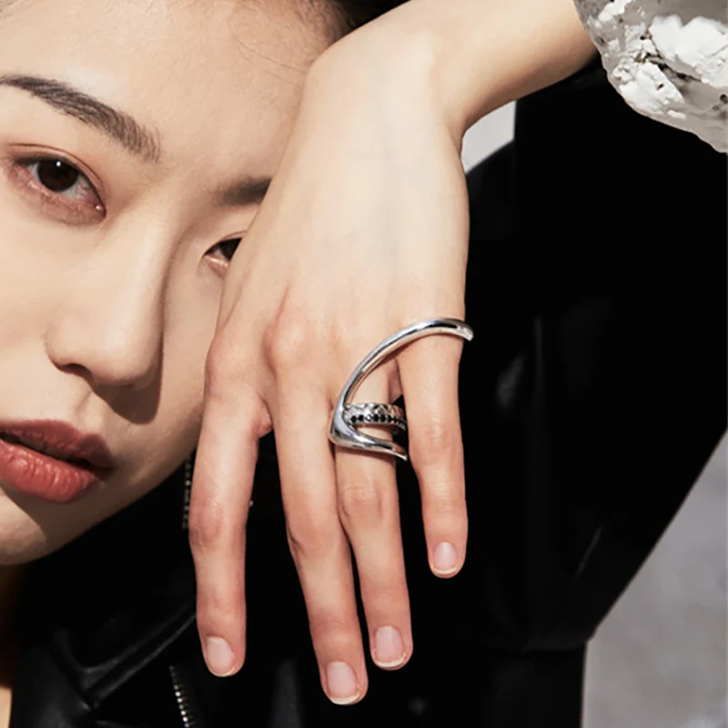 Foxanry Silver Color Two-finger Hollow Geometric Rings For Women Couples Vintage Trendy Hip Hop Creative Party Jewelry Gifts