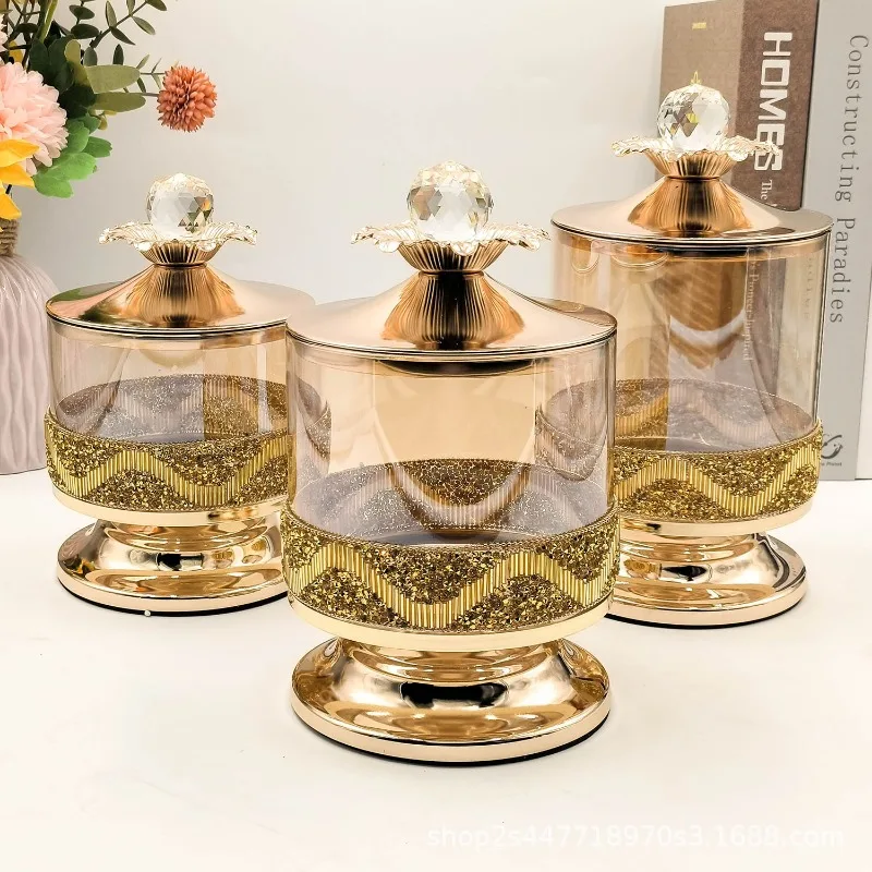 European Metal Candy Jar Gold Glass Scented Candle Jewelry Box Gilded Candy Candy Dried Fruit Storage Jar Living Room Decoration