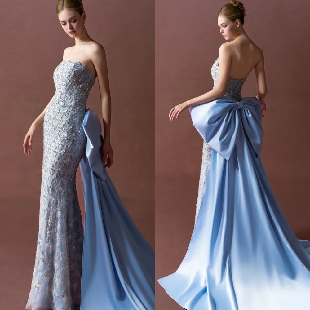 

Customized Mermaid 2025 Evening Dress Elegant Strapless Panel Train Celebrity Gowns Exquisite Crystal Bow Homecoming Dresses