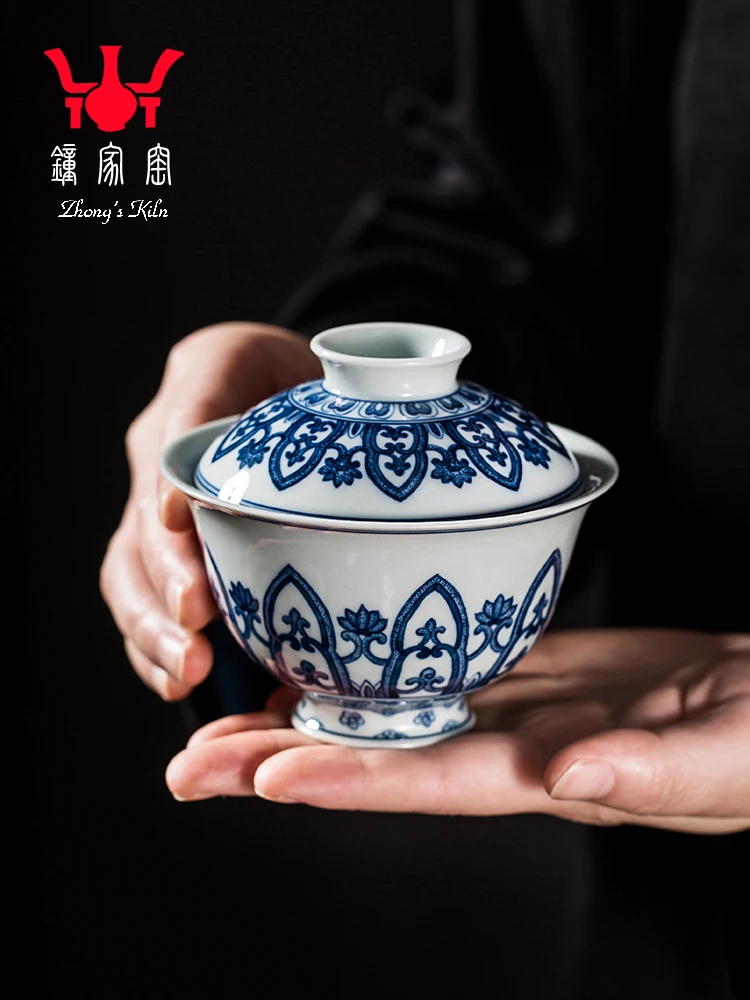 

Zhongjia Kiln Lid Bowl Cup Jingdezhen High End Chaiyao Blue And Whie Hand Pained Sring Lous Paern Ercai Kung Fu Tea