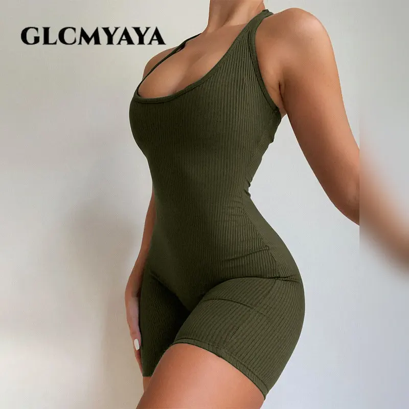 

GLCMYAYA Cotton Knitted High Waist Tight Sports Yoga Playsuit Sleeveless Skinny Rompers Women Bodycon Suits Outfit Summer 2023