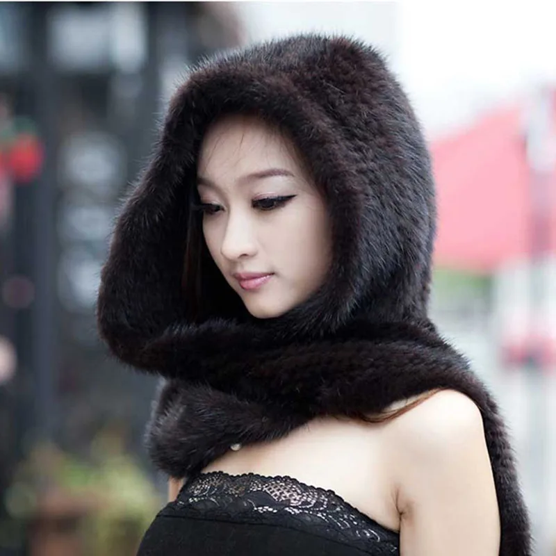 

2022 Women Winter New Knitted Real Mink Fur Hat With Scarf Fashion Long Natural Fur Scarves Hooded Female Genuine Fur Caps