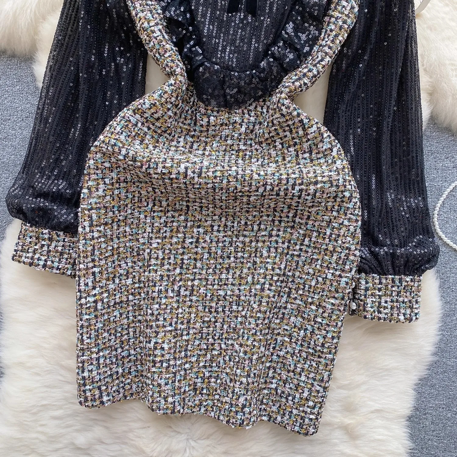 Vintage Small Fragrance Sequined Mesh Embroidery Ruffles Stitching Tweed Dress Women's Lapel Long Sleeve Mini Party Vestidos