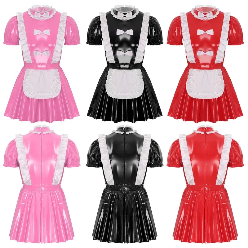 Mens Sissy Maid Costume Ruffles Bow Apron Puff Sleeve A-Line Cosplay Dress Naughty French Maid Uniform Clubwear Party Roleplay