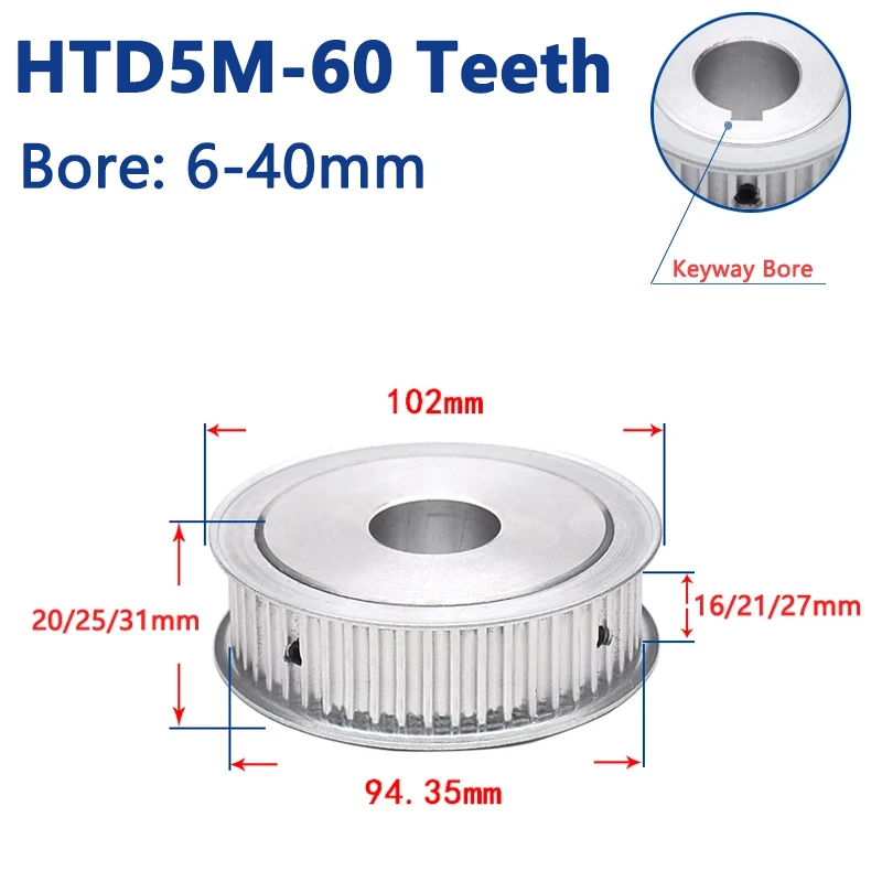 

1pc 60 Teeth HTD5M Timing Pulley 60T HTD 5M Synchronous Wheel for Belt Width 15/20/25mm Bore 6/8/10/12/14/15/16/17/18/19/20-40mm