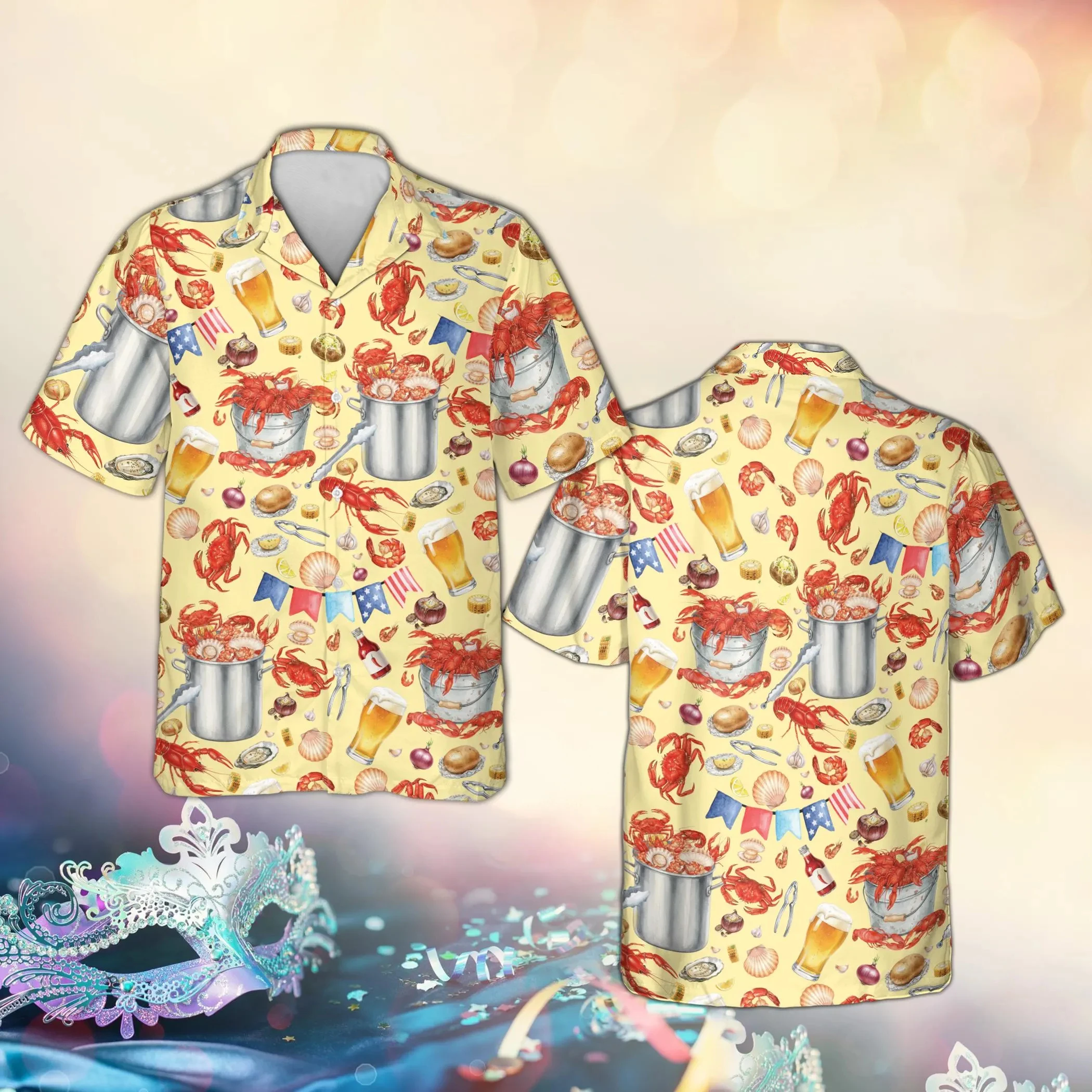 

Crawfish Boil Mardi Gras Hawaiian Shirt, Pelican Fleur De Lis Aloha Top, New Orleans Fat Tuesday Seafood Party Gift Shirts