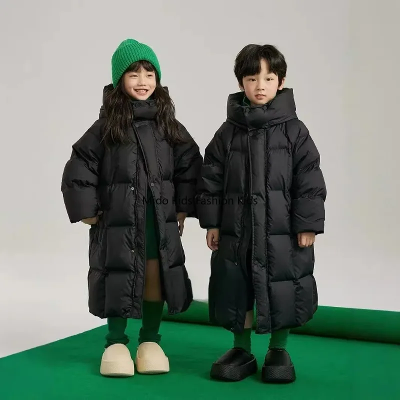 Children's Long Down-Filled Cotton Jacket Hood Medium-Large Child Korean Style Chic Solid Colour Casual Cotton Coat Baby