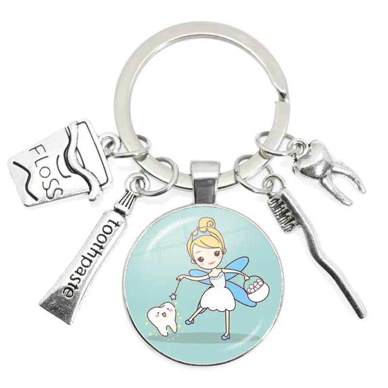 Zahn Zahnseide Zahnpasta Zahnbürste Metall Anhänger Keychain Glas Cabochon Zahnarzt Dental Assistent Geschenk Zahnpflege Schlüssel Ringe