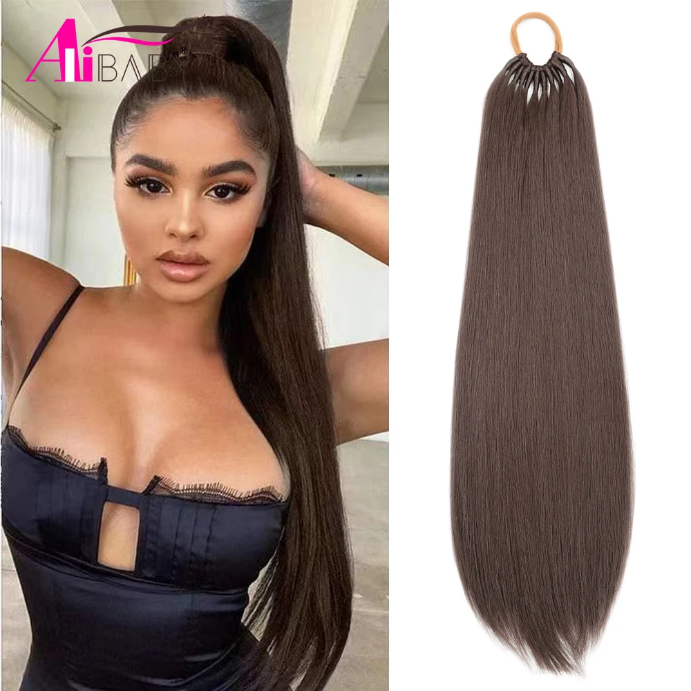 24 32 Inch Straight Ponytail With Elastic Band Synthetic Ponytail Extension Wrap Around Heat Resistant Pony Tail for Women