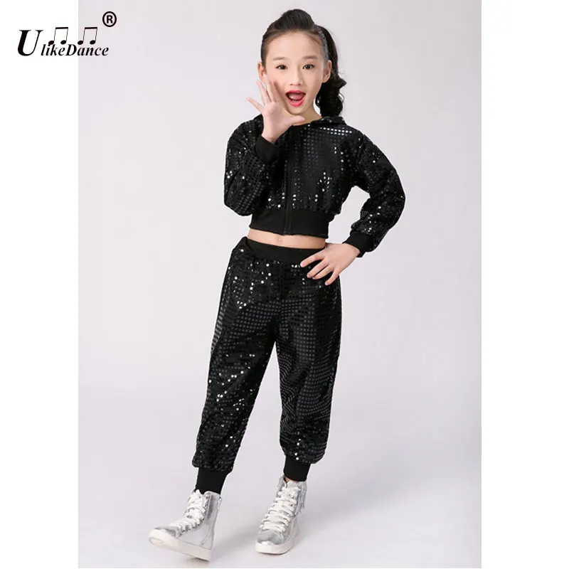 Children Sequins Jazz Dance Modern Cheerleading Hip Hop Costume For Kids Boy Girls Crop Top And Pant Performance Outfits Clothes