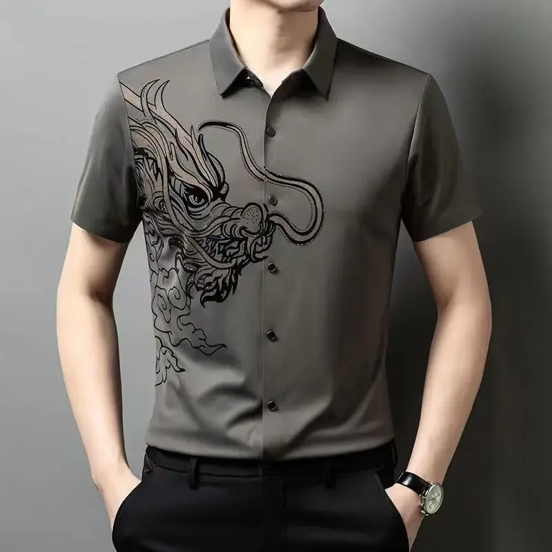 

Men's Shirt Short Sleeve Male Shirts Patterned Animal Print Slim Fit Summer with Collar Korean Popular Clothes Sleeves