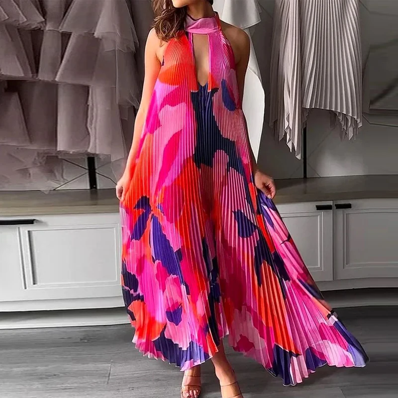 New Women Pleat Draped Irregular Long Dress Ethnic Vintage Off Shoulder Hem Dress Casual 2024 Hollow Out Halter Printed Dresses