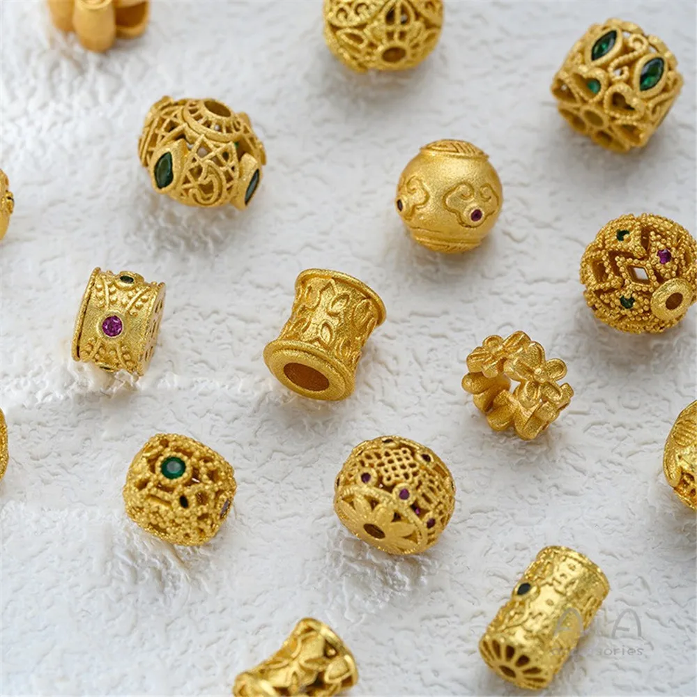 Sand Gold Colored Zirconium Cylindrical Wheel Beads Hollow Round Bead Partition Xiangyun Lock DIY Beaded Jewelry Accessories