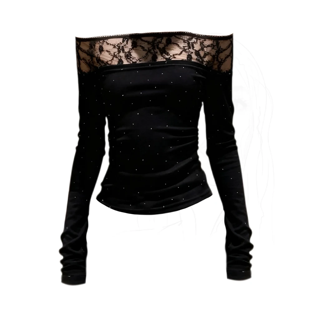 

Женская черная готическая футболка Emo Y2k с кружевом в стиле пэчворк, винтажная футболка Harajuku Gyaru, футболки с длинными рукавами, одежда 2000-х годов, осень 2025