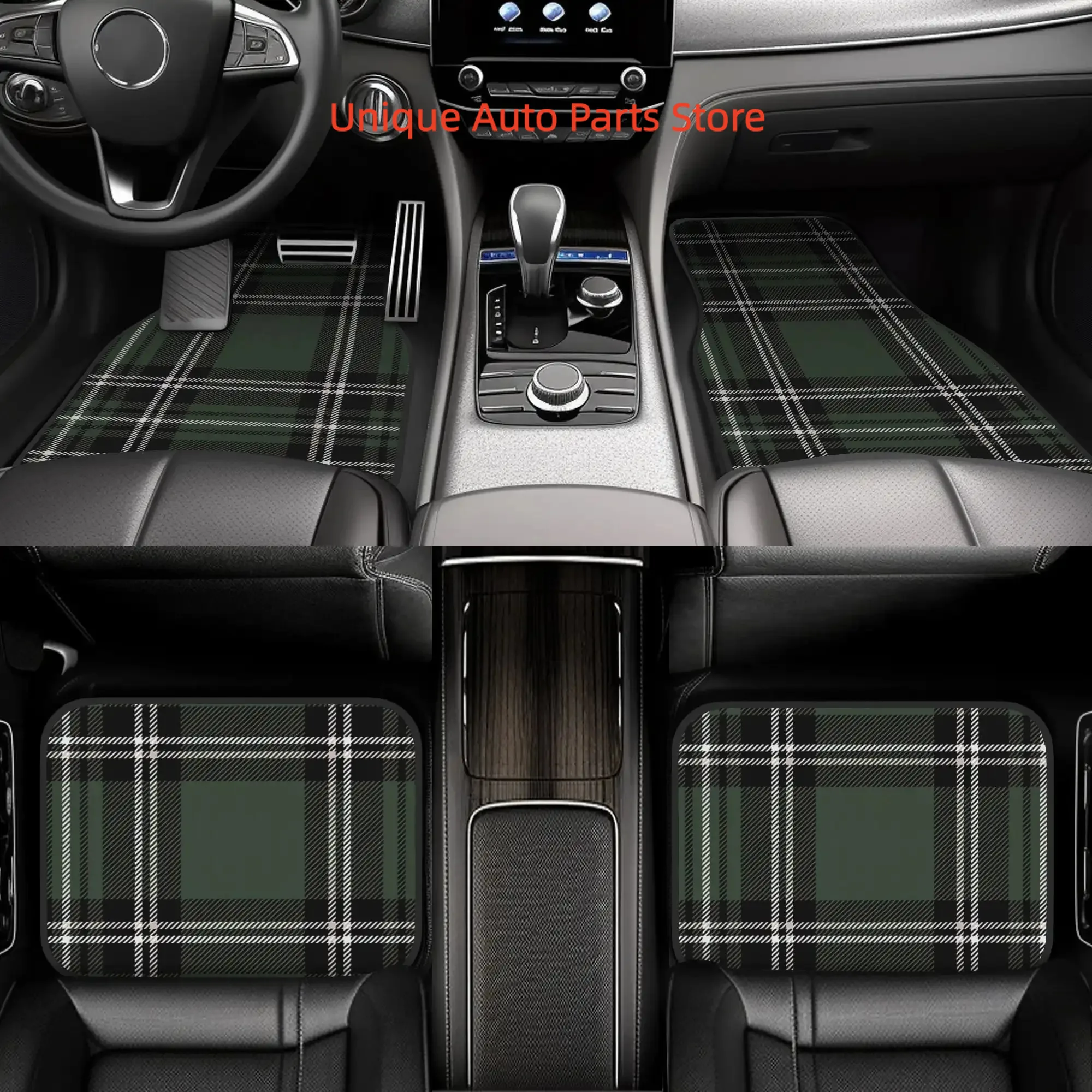 4pcs Olive Green, Soft Ivory, And Black Big Tartan Pattern Car Floor Mats, Durable Polyester Fiber, Fit for Cars, Vehicle Interi