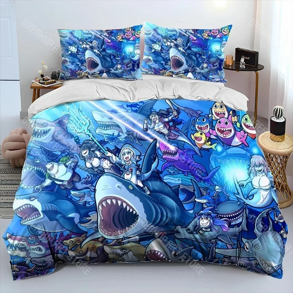 3D Printed Gawr Gura Anime Shark Bedding Set for Boys Girls Duvet Cover Pillowcase Twin Queen King Full Single Double Sizes
