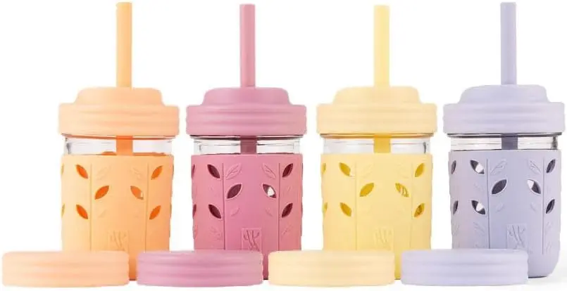 

Kids Glass Cups with Sleeves & Lids, 8oz Mason Jar Style, Spill-Resistant, Dishwasher Safe, 4-Pack
