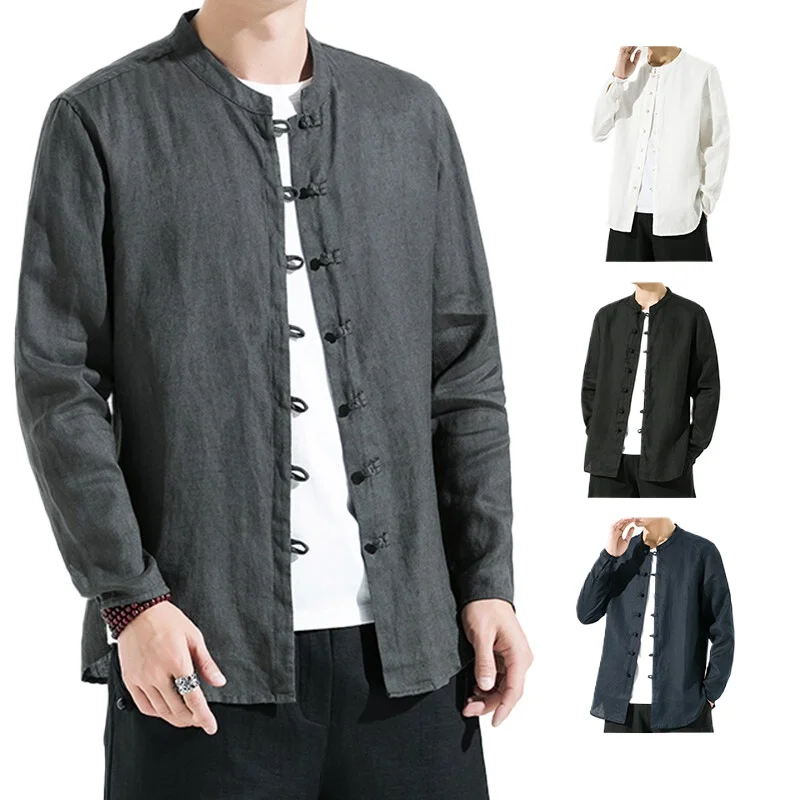 

Chinese Style Button-up Cotton and Linen Casual Long-sleeved Shirts Men's Spring and Autumn Stand-up Collar Loose Linen Shirts
