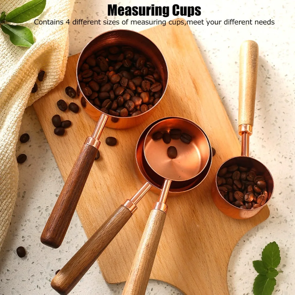 4PC Set Stainless Steel Measuring Cup Set Rose Gold Finish Wooden Handle Nesting Measuring Cups With Scale Copper Plated
