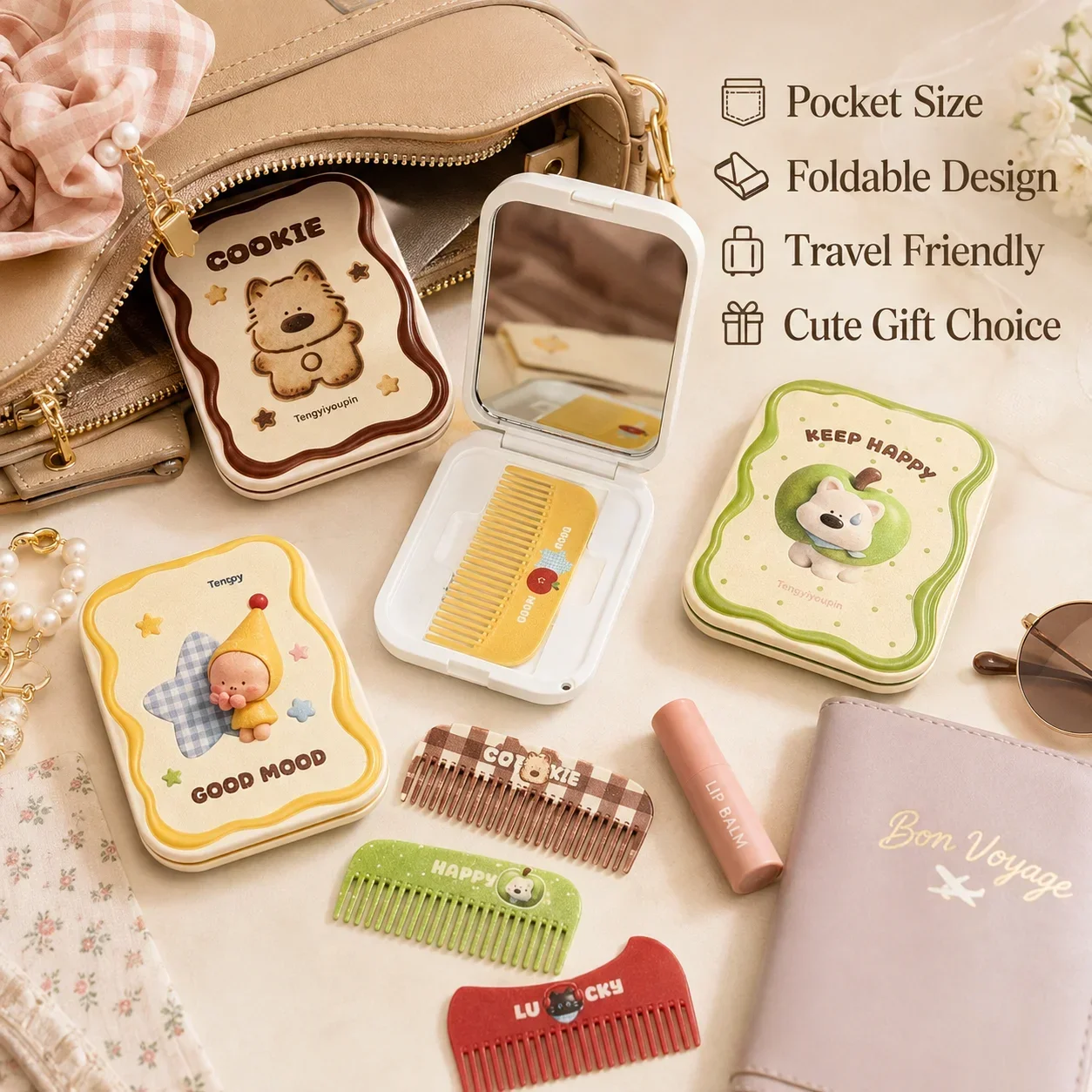 Cute Ins Style Foldable Pocket Mirror, Compact Portable Makeup Mirror for Girls, Mini Travel Touch-Up Mirror