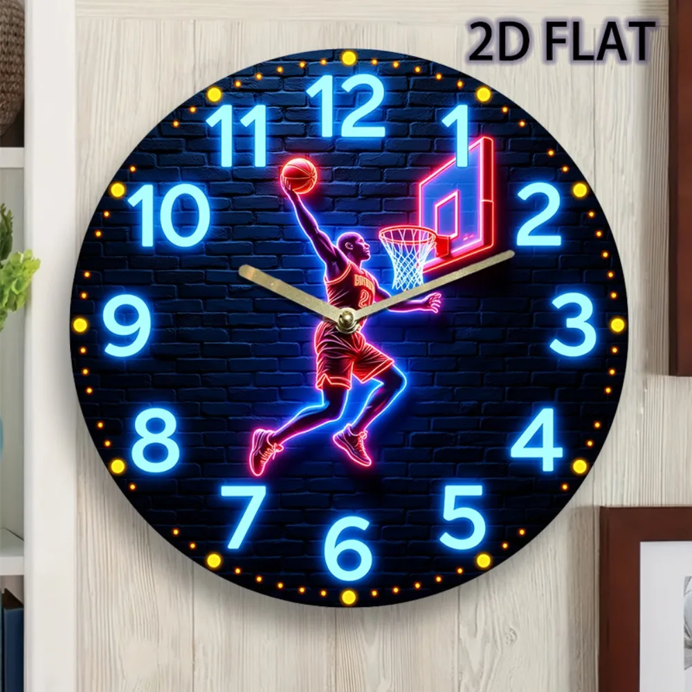 2D Silent 12-Inch Basketball Dunk Wall Clock, Acrylic Quartz Movement for Bedroom Kitchen Decor, Gift for Sports Fans