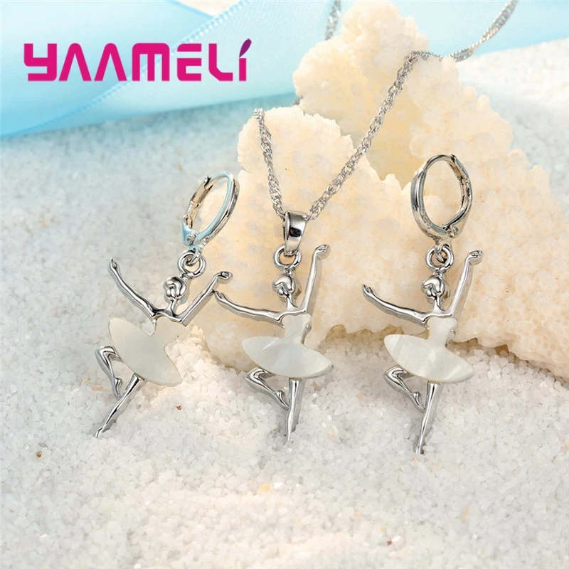 925 Sterling Silver Ballet Girls Pendants Necklaces Earrings Set For Girls Party Accessory Fashion Women Jewelry Sets