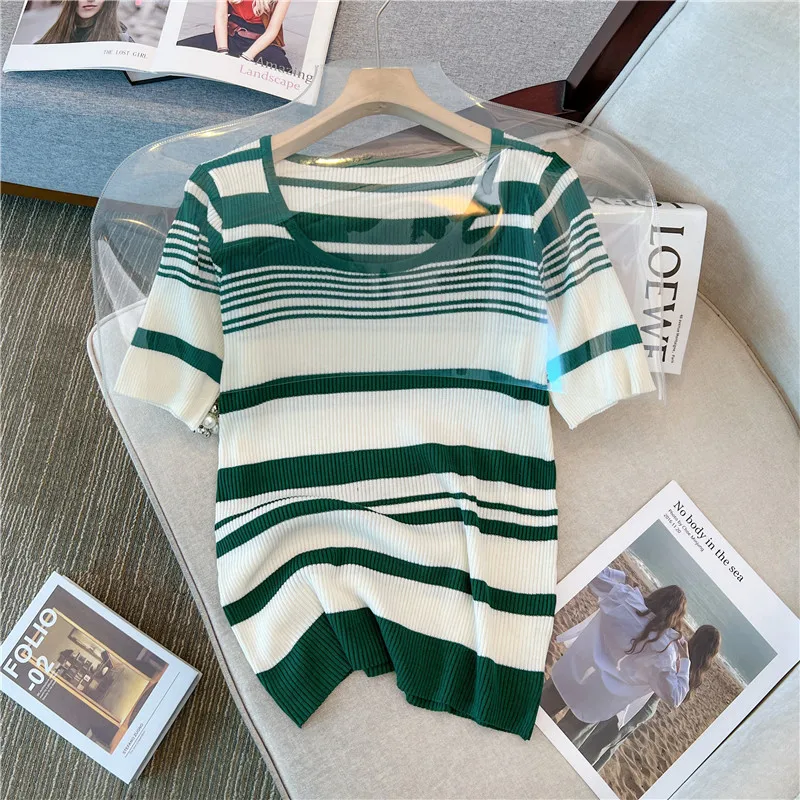 Summer Women\'s Stripe Sweater 2023 O-Neck short sleeve Knitted Casual Loose Thin T-shirt Large Size 4XL Female Pullover Mujer