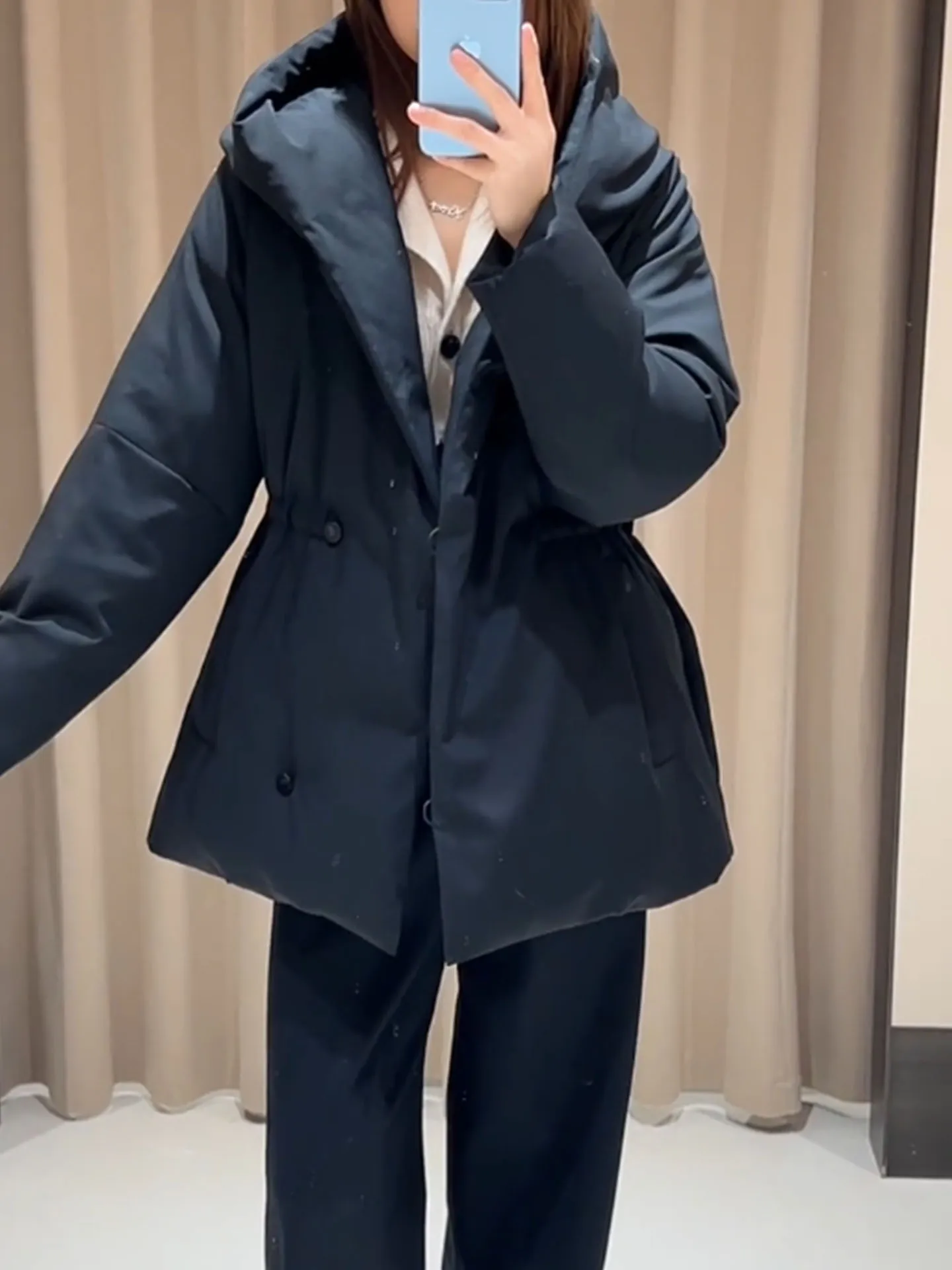 Ele Bla Daunenjaet-Taillen-Cinching-Wintermantel für Damen mit Kapuze, mittellang, Sli Thiened Oberbekleidung, Pendler-Sle