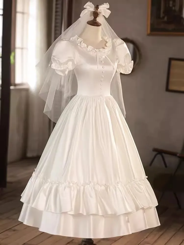 

Real Picture Elegant Princess Girl Prom Birthday Party Dresses O-Neck Puffy Skirt Tea Length Women Formal Evening Wedding Dress