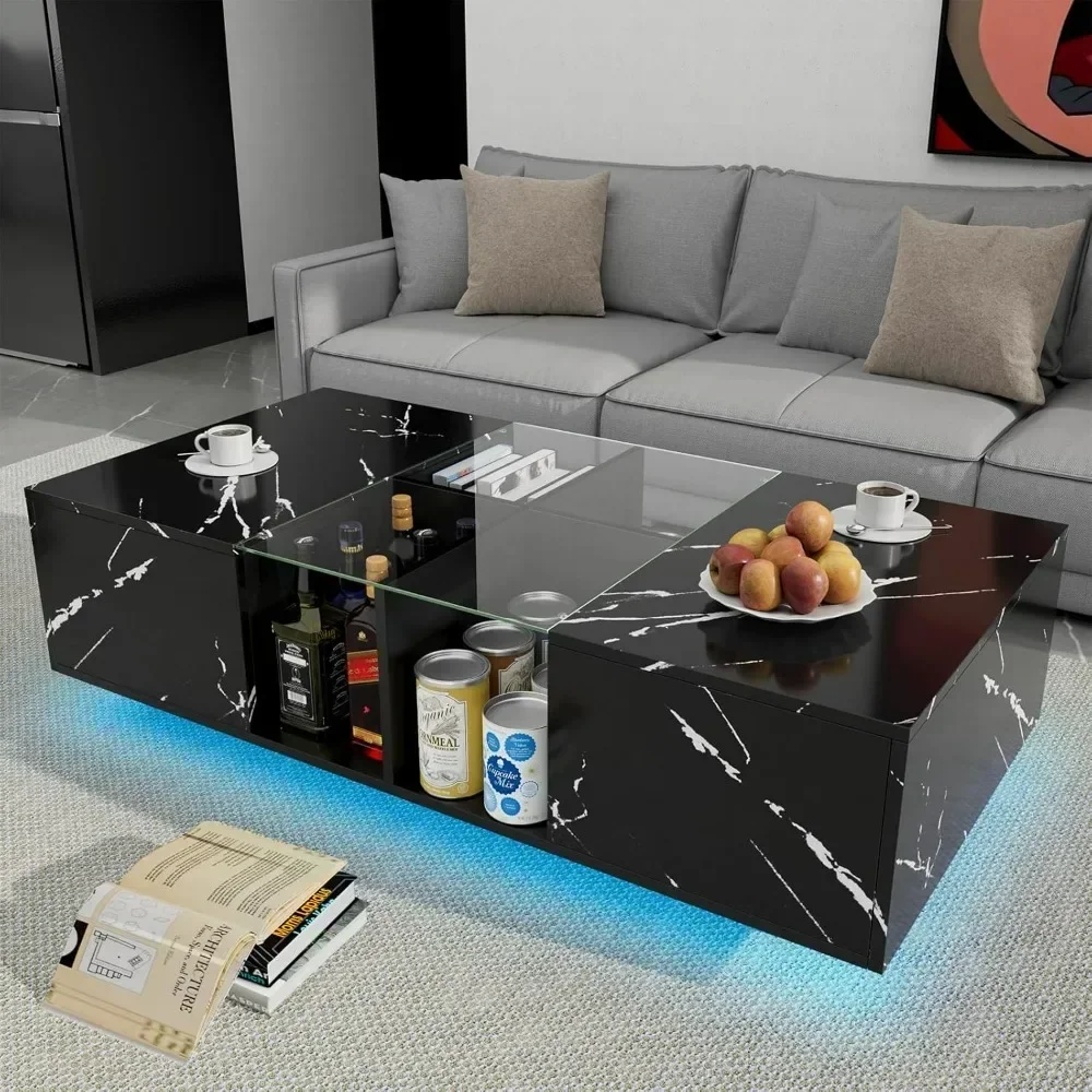 Coffee Table with Storage, LED Rectangular Wood Coffee Table, Display Shelf & Large Sliding Drawers, Faux Marble Glass Table