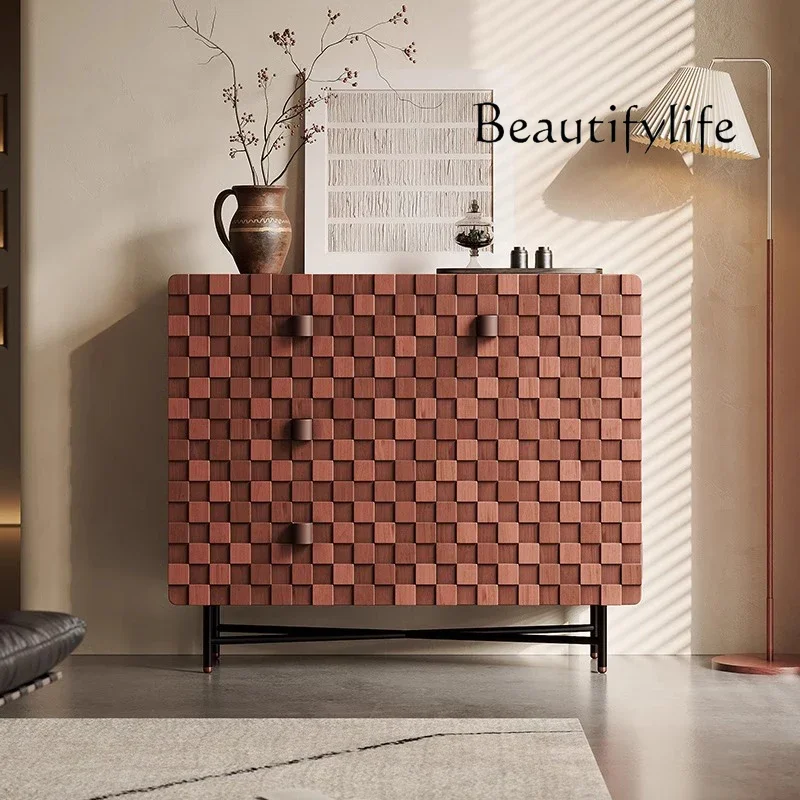 

Log color storage locker, wabi-**** wind medieval Nordic solid wood splicing square plaid medieval dining side cabinet