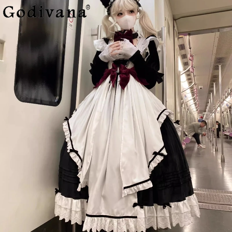 

French Lolita Heavy Craft JSK Dress Apron Set Women's Cute Lolita Spring Autumn Style Dress Female Cosplay Holloween Dress