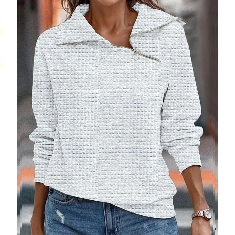 2023 Spring Autumn Solid Color Turn-down Collar Long Sleeve Sweatshirts Women Fashion Zipper Loose Waffler All-match Pullovers