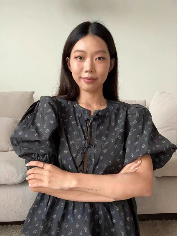 

Romantic Bla Floral Print Bubble Sve round Ne Top with Long Skirt for Women Summer 2025 Cotton Casual Commute Sle