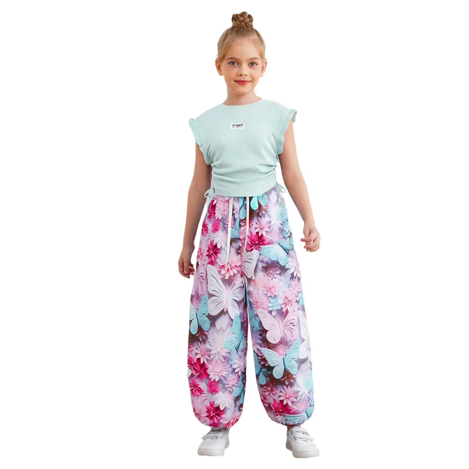 

Kids Girls Casual Clothing Outfit Summer Ruffled Sleeveless Sides Drawstring Ribbed Top Shirt+Floral Printed Pants Beachwear