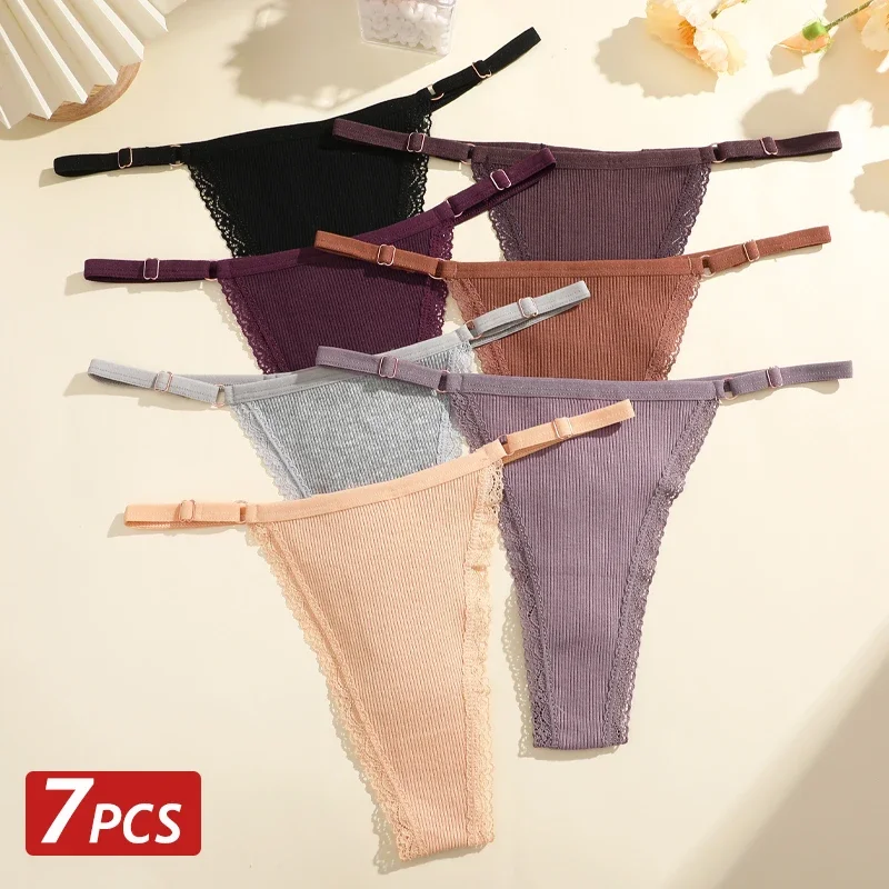 7PCS/Set Women Cotton Panties Adjustable Straps G-String Thongs Lace Splicing Sexy Lingeire Female Comfortable Underwear S-XL