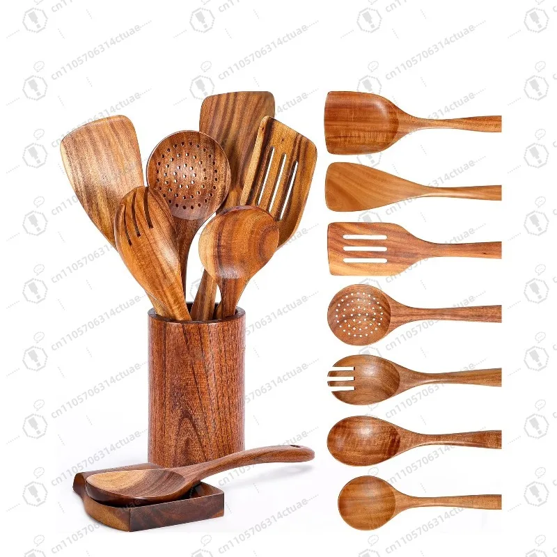 

5PC Wooden Kitchen Cooking Utensils Set Spatula Spoon with Spoon Rest Heat-Resistant for Home Kitchen Cooking Baking