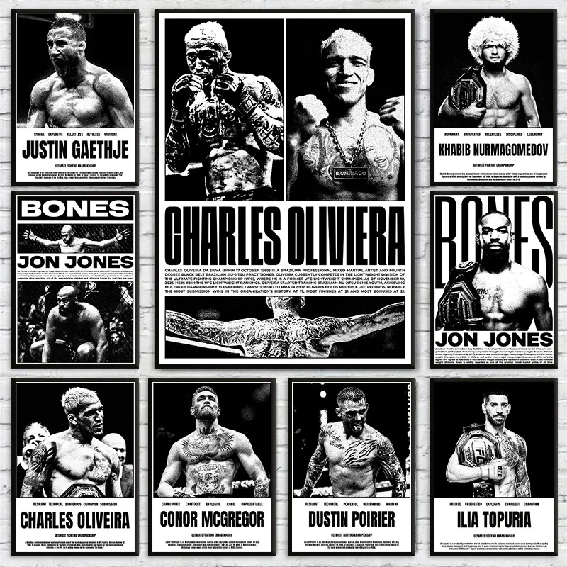 Black and White Legend Fighter Portrait UFC Champion Poster Ilia Topuria Jon Jones Canvas Painting Wall Art for Room Home Decor