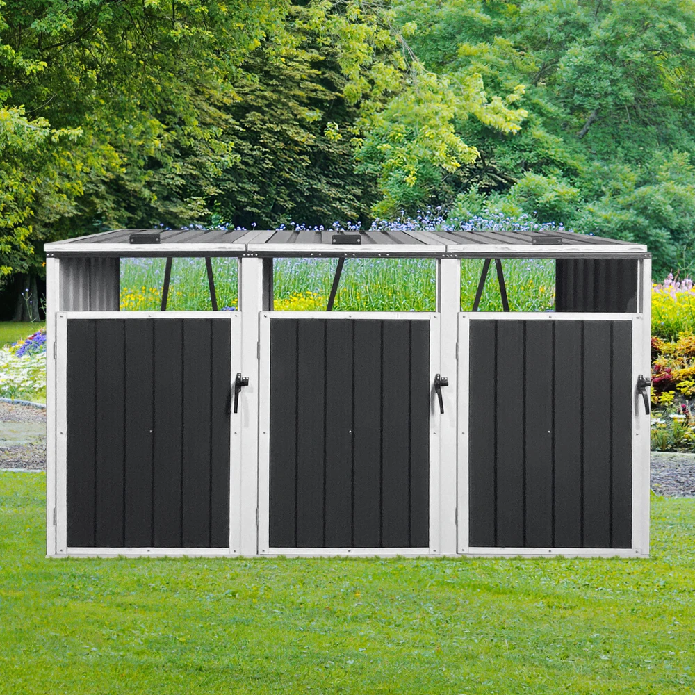 Garbage Bin Shed Stores 3 Trash Cans Metal Outdoor Bin Shed for Garbage Storage,Grey