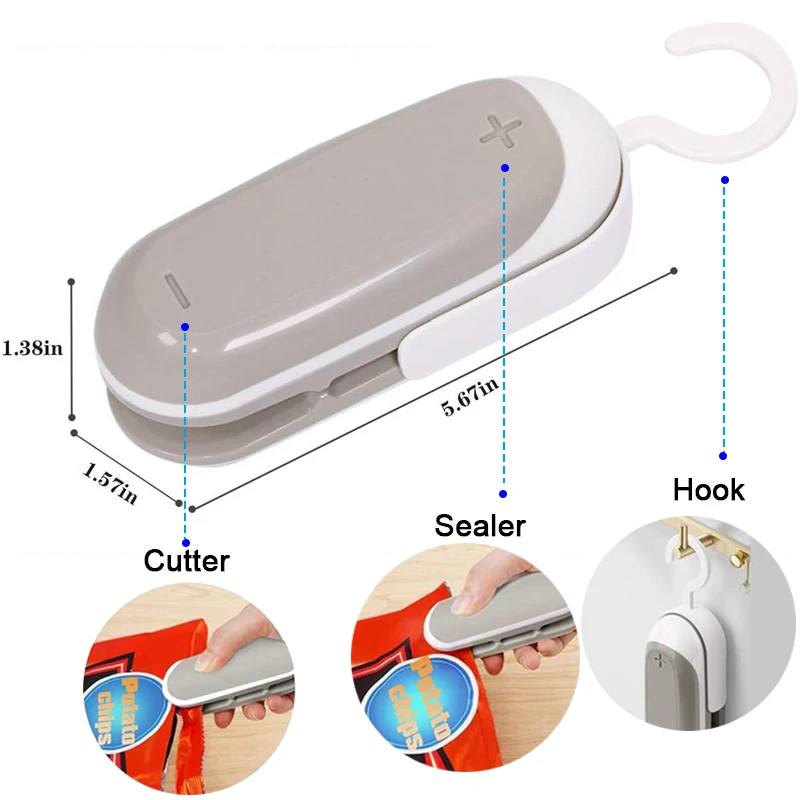 

2 in 1 Mini Bag Sealer - Heat Seal & Cutter with Pothook, Portable Handheld Chip Bag Sealer for Snacks, Candies & Food Storage