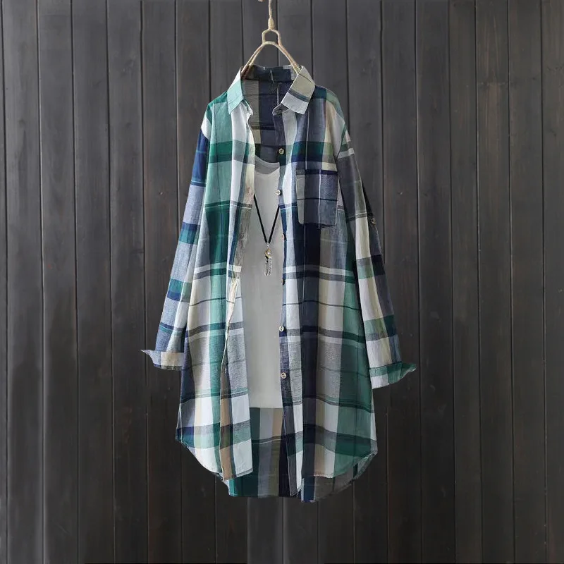 Elegancka bluzka damska Modna luźna koszula damska w kratę z guzikami - idealna na wiosnę/lato