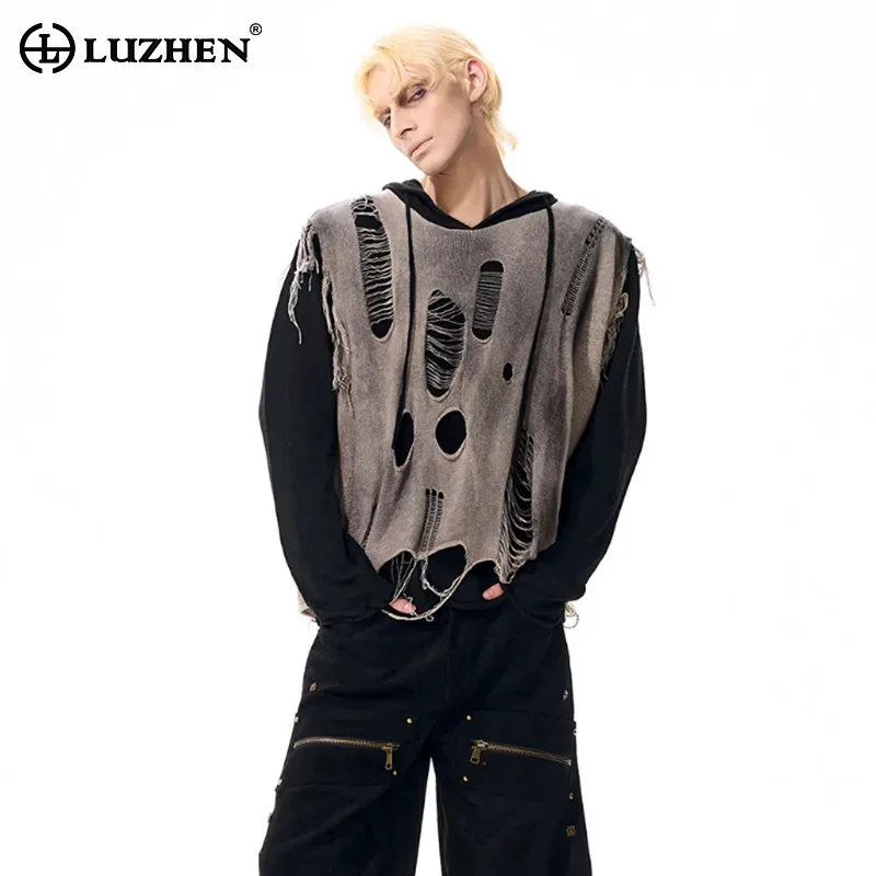 

LUZHEN Original Wornout Design Broken Hole Fake Two Piece Patchwork Hoodies Pullover Men's Fashion Handsome Streetwear JY4345