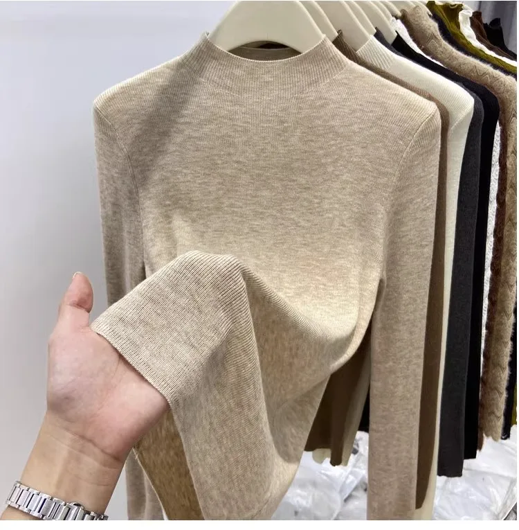 

2024 Women's New Autumn Winter Slim Knit Bottoming Tops Female Long Sleeve Sweater Tops Ladies Half-high Collar Pullovers Z669