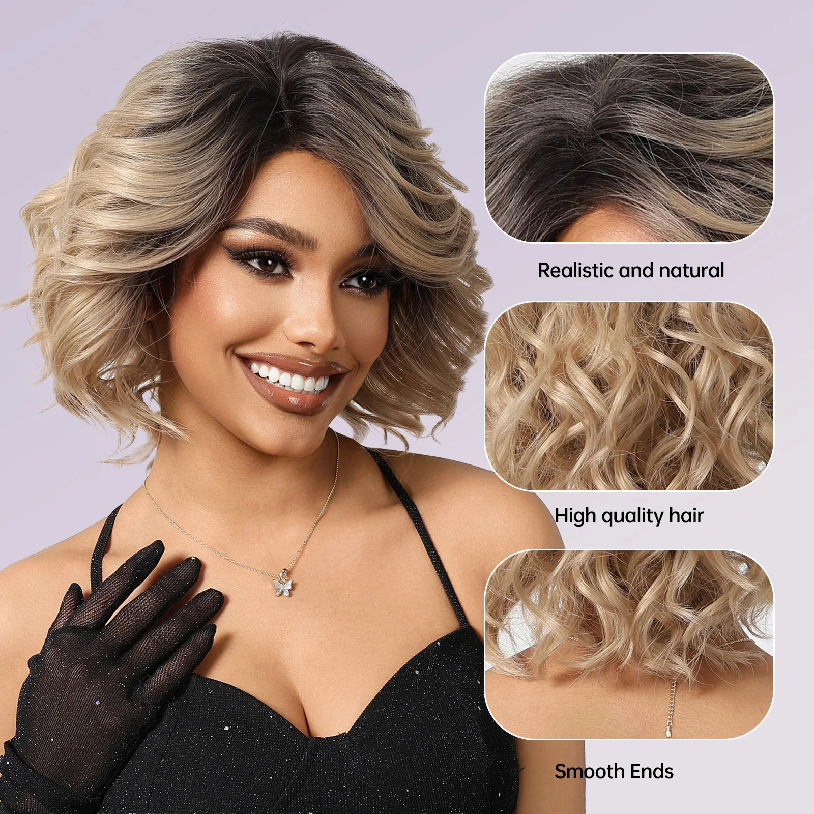 HAIRCUBE 13*1 Lace Front Wig Short Blonde Ombre Highlight Wavy for Women Synthetic Wig Daily Use Cosplay Heat Resistant Fiber