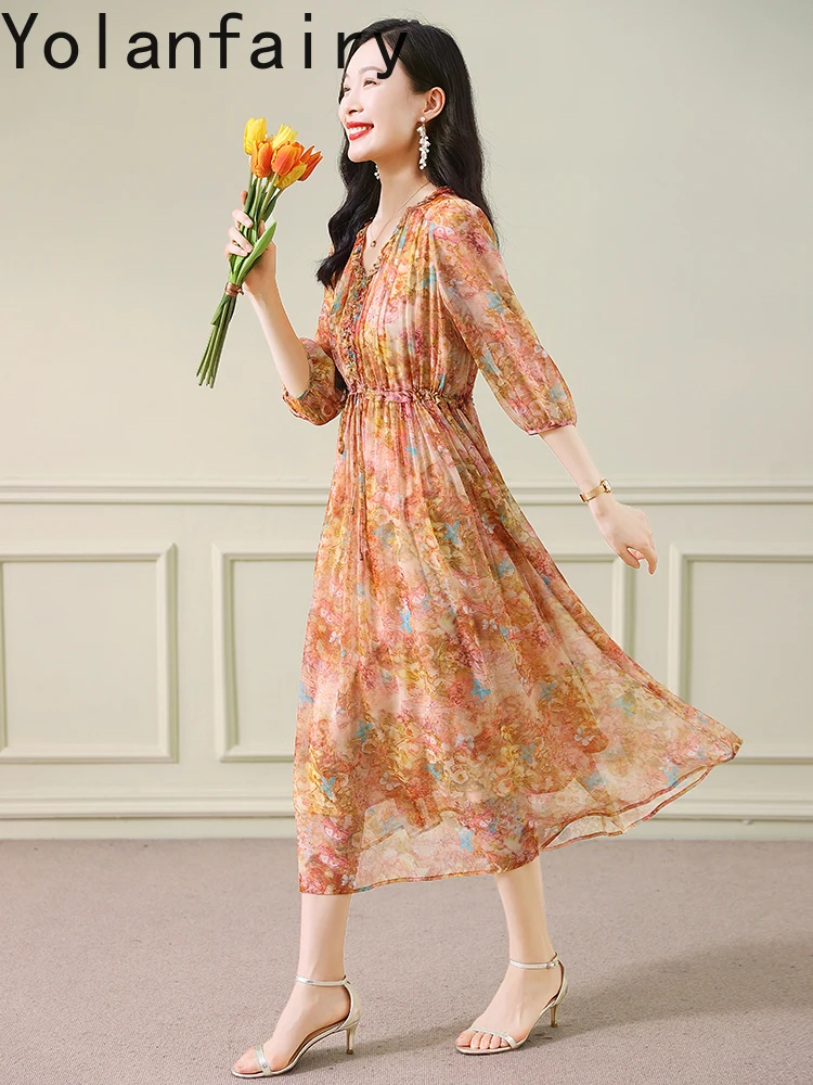 YOLANFAIRY New 100% Genuine Mulberry Silk Dresses Woman Elegant Half Sleeve Orange Dress Women's Clothing Long Vacation Dresses