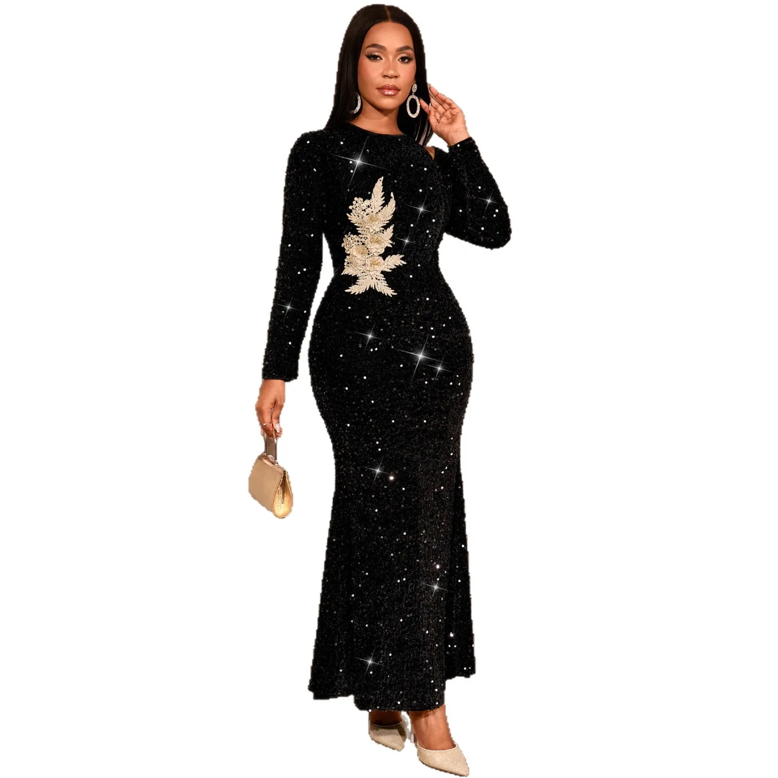 

Plus Size African Dresses for Women Elegant African Long Sleeve O-neck Black Sequin Party Evening Long Maxi Dresses Gown Outfits