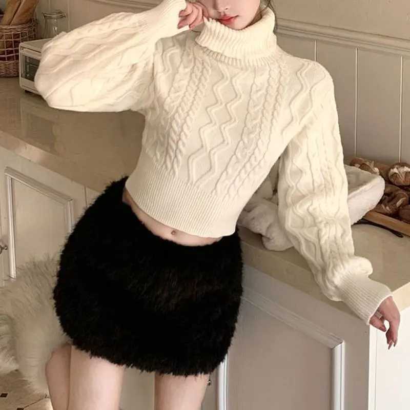 Pakaian Wanita Pullover Rajut Pendek Kerah Tumpuk Modis Warna Solid Musim Gugur Musim Dingin Kasual Lengan Panjang Sweater Vintage