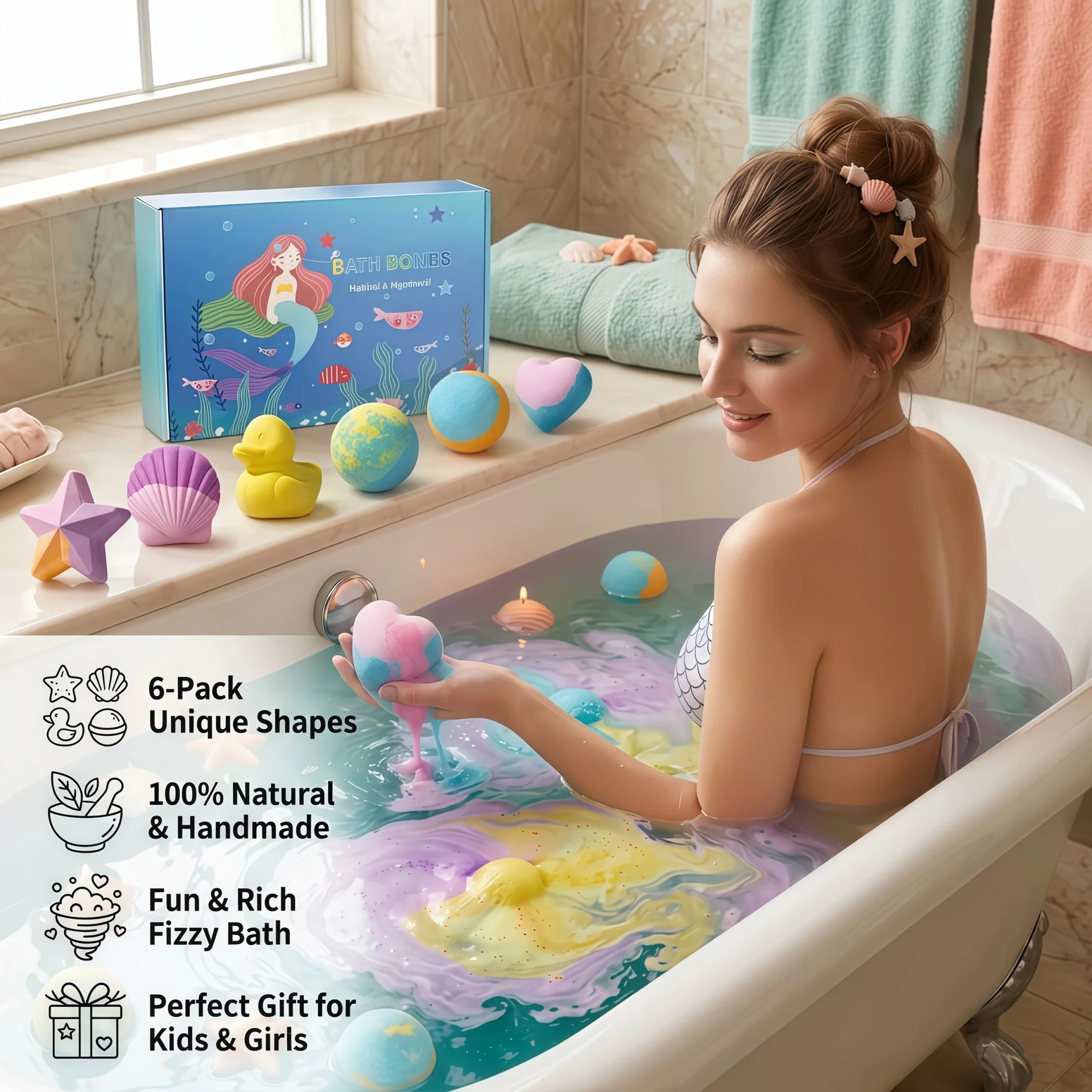 6 Pcs Mermaid Theme Bath Set Handmade Assorted Shapes Shell Duck Heart Sea Salt Menthol Bath Fizzer Rich Bubble Moisturizing Skin Softening Home Spa Relaxation Kit Gift Box for Kids Girls Women Birthday Christmas