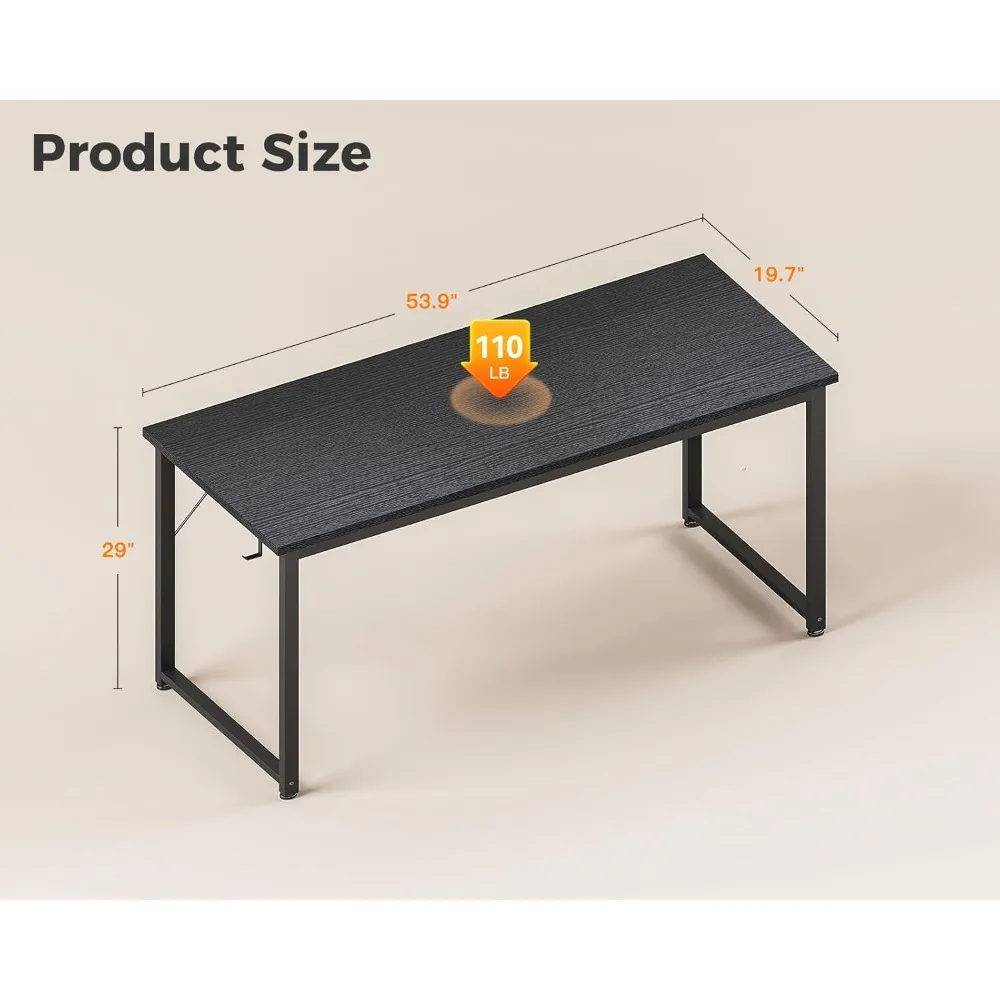 54 Inch Large Modern Office Desk, Gaming & Writing Desk with Metal Frame, Spacious Legroom, Black