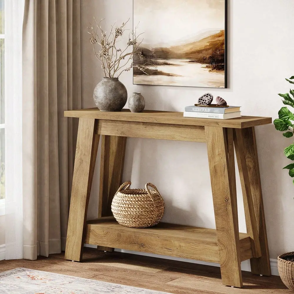 2Tier Farmhouse Console Table With Storage, 41.3 Wooden Entryway Table, Rustic Narrow Behind Couch For Living Room, Hallway, Fo